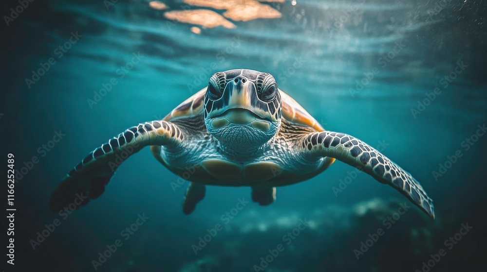 Obraz premium Underwater Turtle in Natural Habitat with Soft Lighting