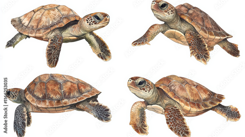 Naklejka premium Baby sea turtles swimming gracefully in delicate watercolor style