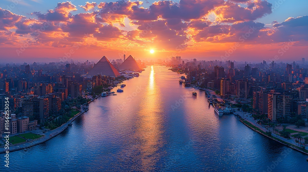 Fototapeta premium Sunrise Over River and City