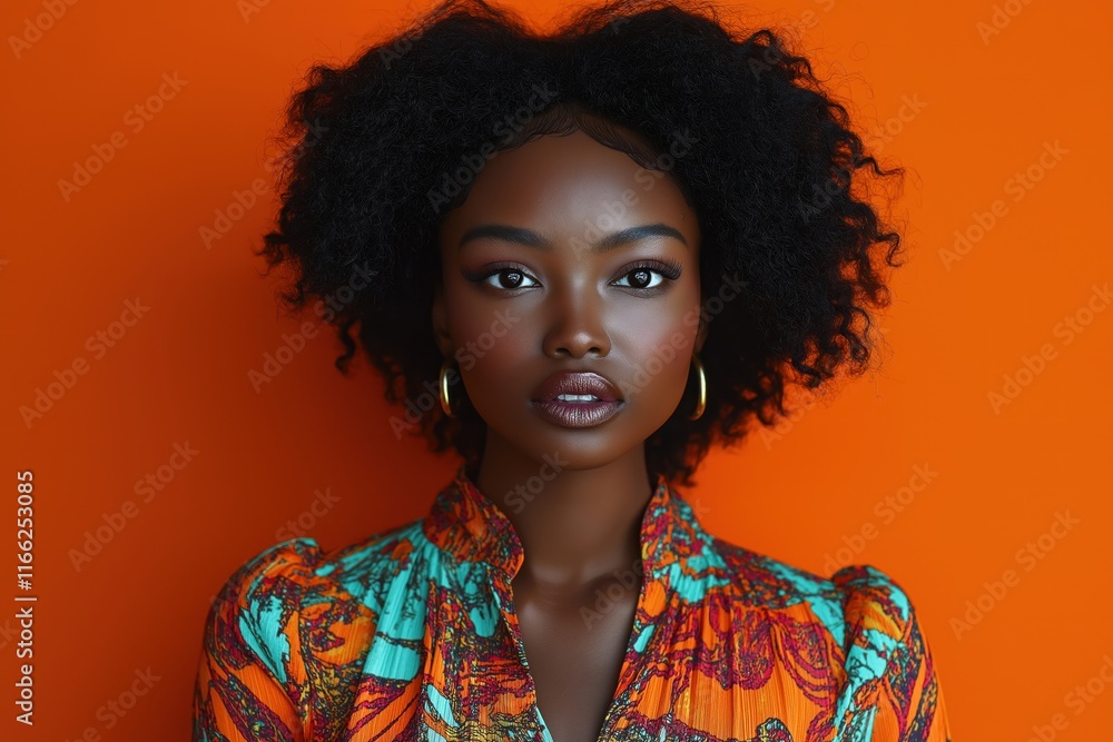 Confident black woman with afro hair wears colorful patterned blouse. Woman stands in front of bold orange background. Image portrays strength, cultural pride. Modern portrait style. Fashionable Confident black woman with afro hair wears colorful patterned blouse. Woman stands in front of bold orange background. Image portrays strength, cultural pride. Modern portrait style. Fashionable