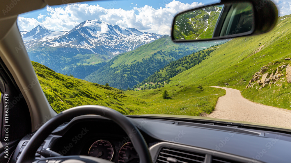 Obraz premium A lush green mountain landscape with snow-capped peaks and a blue sky can be seen from a car window while driving on a road in Kaprun, Zell am See, Pinzgau, Land Salzburg, Austria.