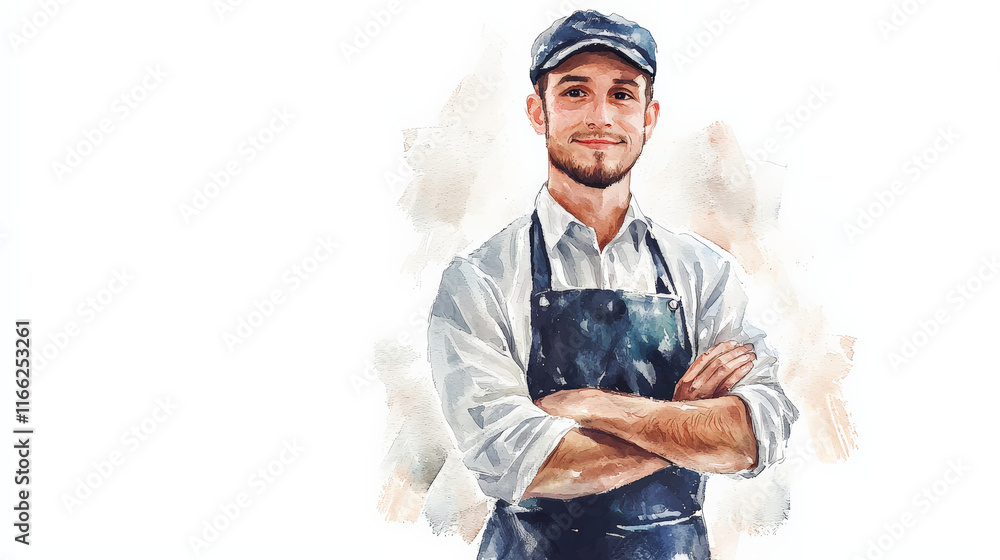 smiling butcher in apron, showcasing his skills and passion