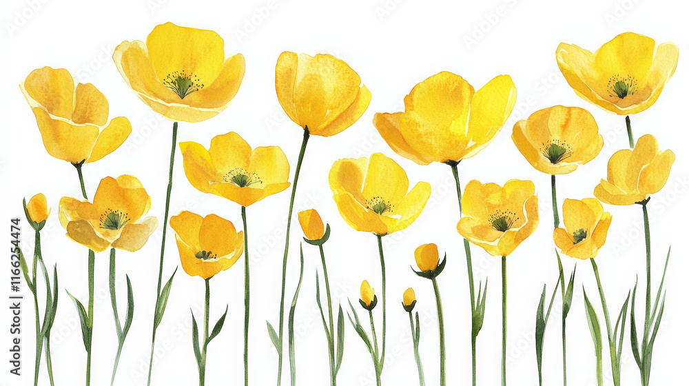 Fototapeta premium Bright yellow flowers with green stems create cheerful floral scene