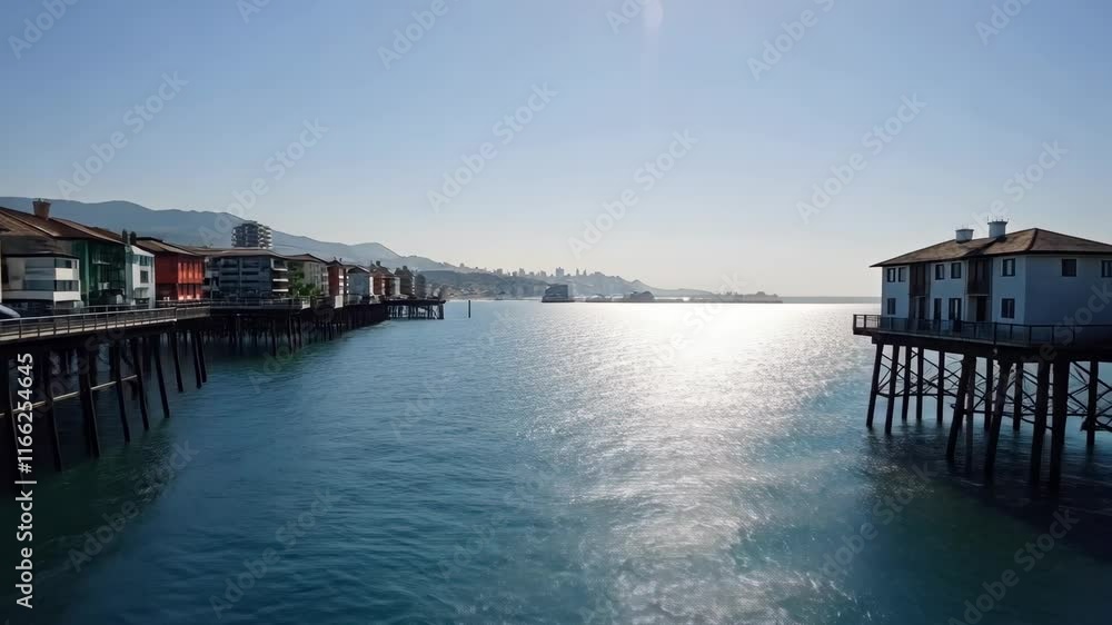 Waterfront view of buildings along a pier with mountains in the distance on a bright sunny day Waterfront view of buildings along a pier with mountains in the distance on a bright sunny day