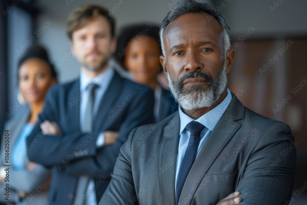 Portrait of confident mature businessman standing with arms crossed in front of his team Portrait of confident mature businessman standing with arms crossed in front of his team