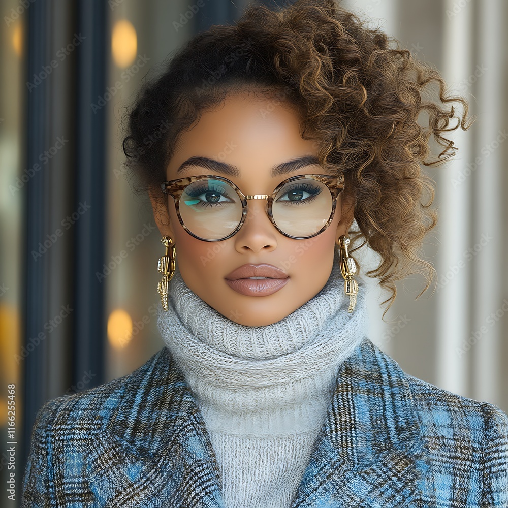 Stylish Woman With Curly Hair Wearing Glasses