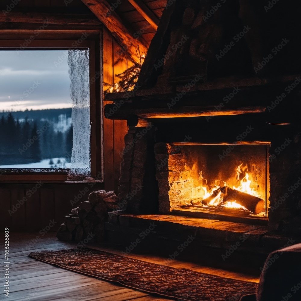 A cozy cabin interior with a glowing fireplace and a scenic view outside. A cozy cabin interior with a glowing fireplace and a scenic view outside.
