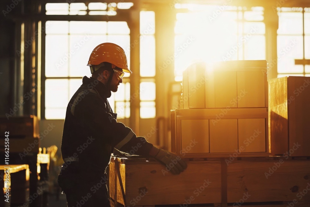Fototapeta premium Industrial worker in reflective safety gear arranging wooden crates during sunset in a warehouse, symbolizing productivity, construction, and teamwork ethos in modern environments.