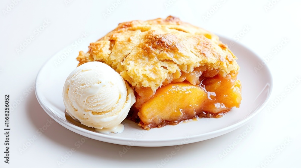 A slice of peach pie served with a scoop of vanilla ice cream. A slice of peach pie served with a scoop of vanilla ice cream.