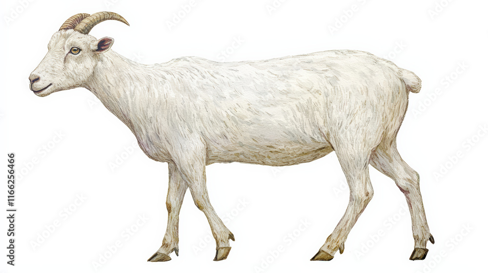 Obraz premium Watercolor painting of white goat with short horns, showcasing its beauty