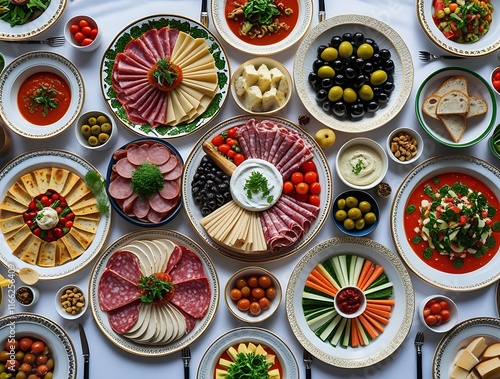 Wallpaper Mural 
A vibrant display of Mediterranean cuisine featuring an assortment of fresh vegetables, olives, cheeses, cured meats, dips, and breads, perfect for a party platter or a gourmet dining experience full Torontodigital.ca