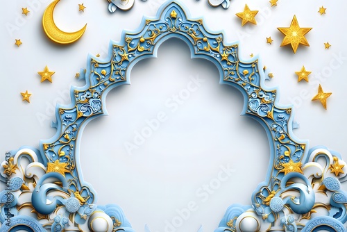 Elegant and Ornate Blue and Gold Decorative Frame with Moon and Stars for Holidays or Celebrations, Perfect for Invitations and Greeting Cards photo