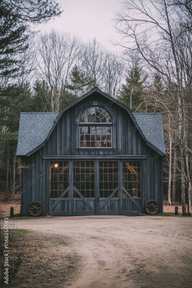 Charming rustic barn with large windows nestled among trees located in a serene rural setting during late autumn twilight Charming rustic barn with large windows nestled among trees located in a serene rural setting during late autumn twilight