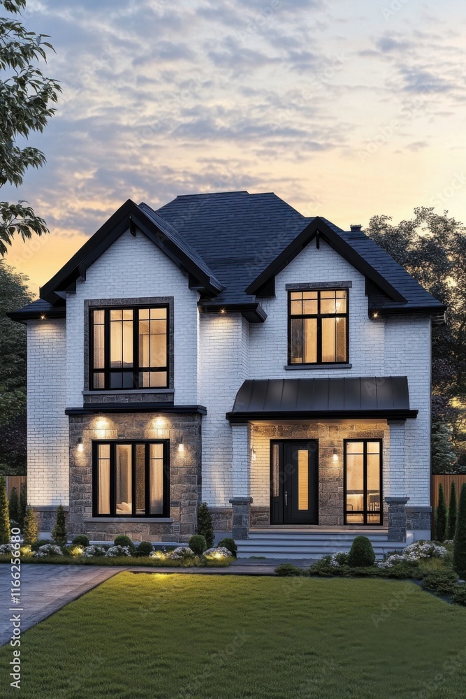 A contemporary two-story residence featuring expansive windows and a beautifully landscaped yard, all set against the backdrop of twilight in a charming suburban neighborhood A contemporary two-story residence featuring expansive windows and a beautifully landscaped yard, all set against the backdrop of twilight in a charming suburban neighborhood
