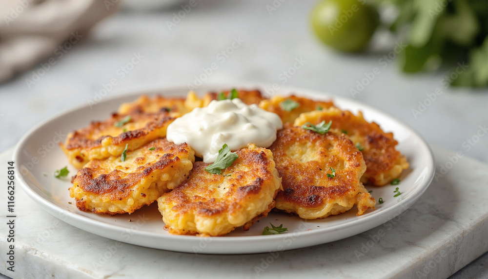 Golden Fritters on a white plate with a dollop of sour cream and fresh herbs, presented with an inviting, appetizing appearance against a blurred kitchen background Golden Fritters on a white plate with a dollop of sour cream and fresh herbs, presented with an inviting, appetizing appearance against a blurred kitchen background