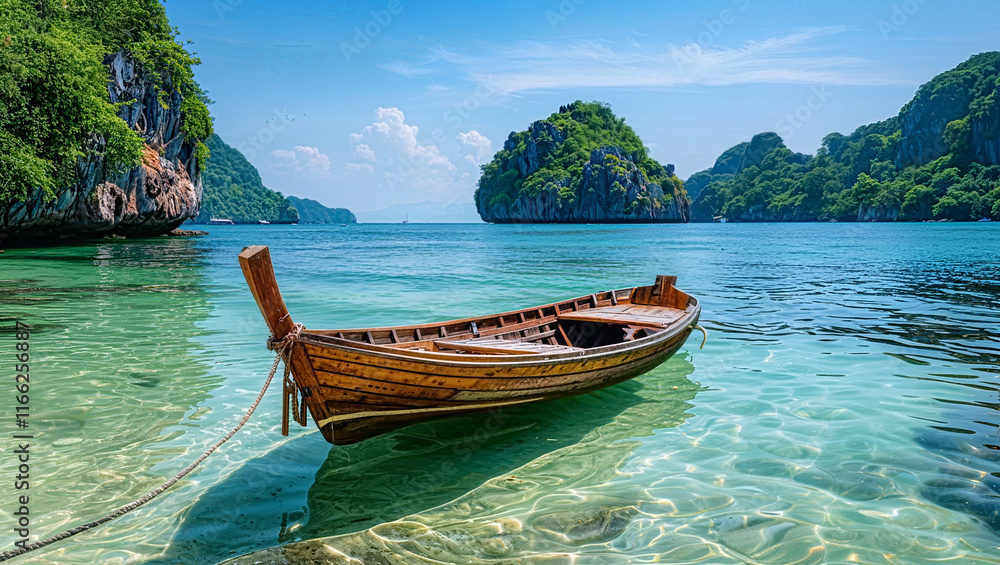 Moored Wooden Boat on the Water in a Thai Bay Landscape with Summer Beach, Island, and Clear Sky in Thailand. Holiday background. Moored Wooden Boat on the Water in a Thai Bay Landscape with Summer Beach, Island, and Clear Sky in Thailand. Holiday background.