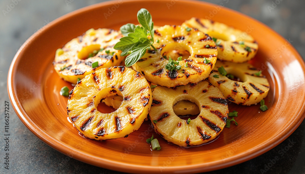 Grilled pineapple slices on a vibrant plate, showcasing a warm, inviting mood, garnished with fresh herbs and lines from the grill marks Grilled pineapple slices on a vibrant plate, showcasing a warm, inviting mood, garnished with fresh herbs and lines from the grill marks