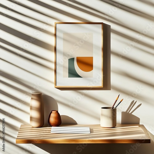 Artistic desk setup with handmade art pieces, earthy palettes, and delicate shadows from bamboo blinds, minimalist decor, artful and natural photo