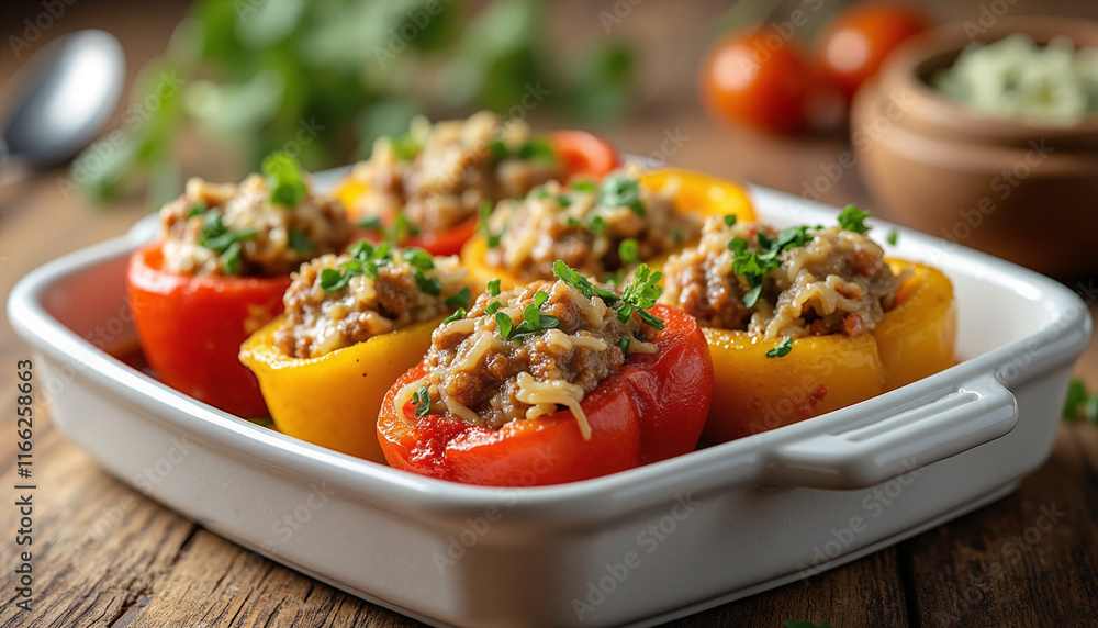 Savory Stuffed Peppers in a White Dish Surrounded by Fresh Herbs and Vegetables Conveying a Delicious and Inviting Mood, Showcasing Colorful Bell Peppers Filled with Savory Ingredients Savory Stuffed Peppers in a White Dish Surrounded by Fresh Herbs and Vegetables Conveying a Delicious and Inviting Mood, Showcasing Colorful Bell Peppers Filled with Savory Ingredients
