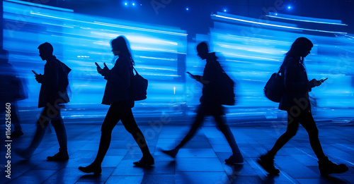 Silhouettes of people walking while looking at their phones, set against a blurred, glowing blue background, 