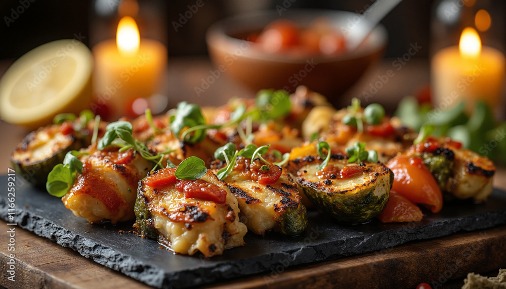 Grilled international tapas on a dark slate platter, vibrant colors of red, green, and yellow enhance an inviting atmosphere, garnished with fresh herbs and accompanied by a warm, cozy ambiance Grilled international tapas on a dark slate platter, vibrant colors of red, green, and yellow enhance an inviting atmosphere, garnished with fresh herbs and accompanied by a warm, cozy ambiance