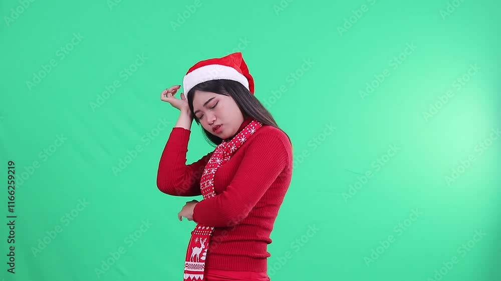expression of young asian woman wearing christmas sweater, santa hat and scarf, tilted facing right holding head with arms crossed, isolated on green background, green screen expression of young asian woman wearing christmas sweater, santa hat and scarf, tilted facing right holding head with arms crossed, isolated on green background, green screen