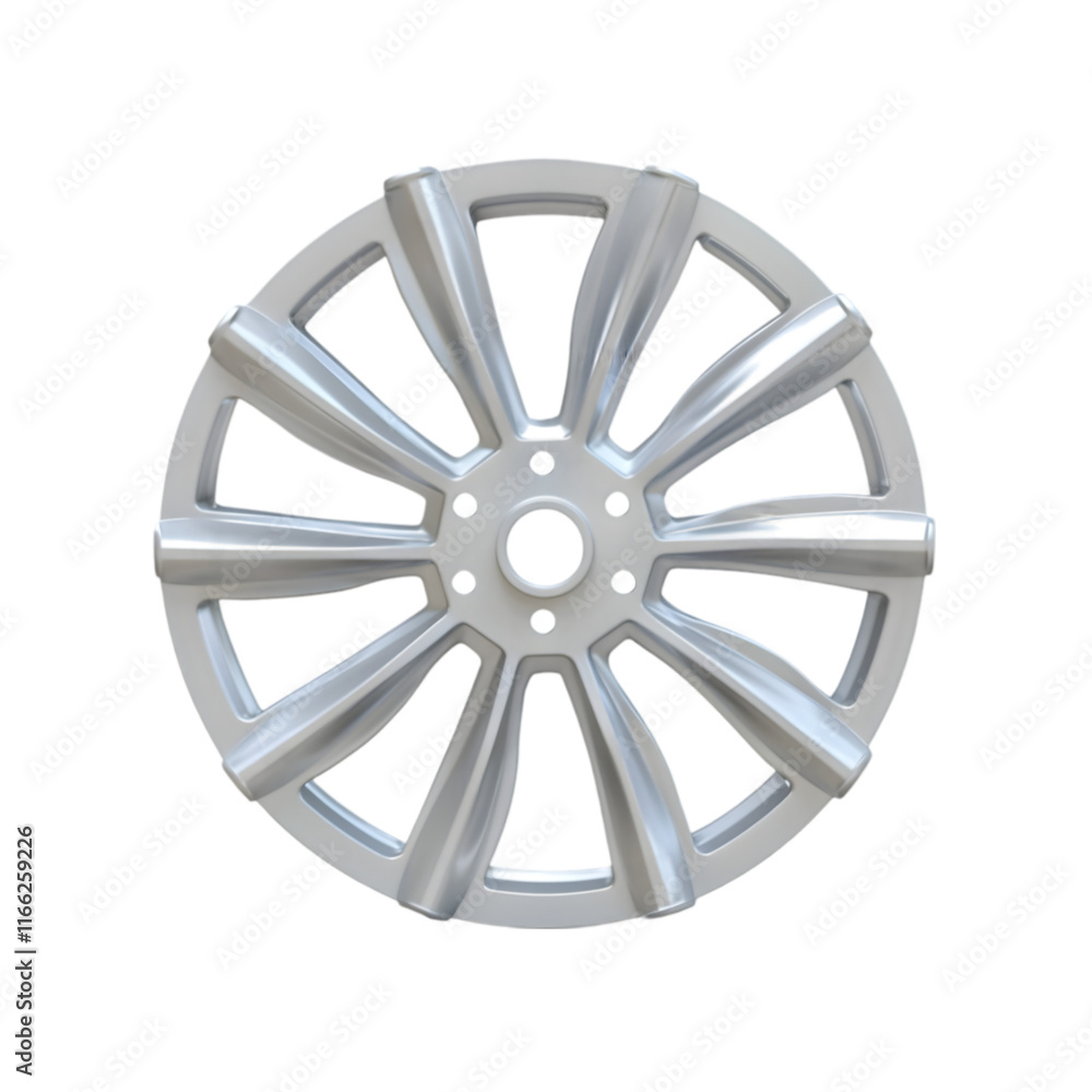 Obraz premium Metallic automotive alloy wheel rim isolated in 3D cartoon style representing car accessory transportation component or mechanical engineering product