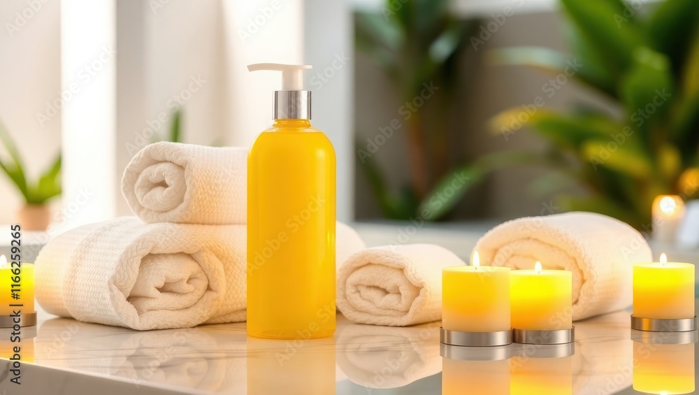Spa Relaxation Yellow Lotion And Towels Spa Relaxation Yellow Lotion And Towels