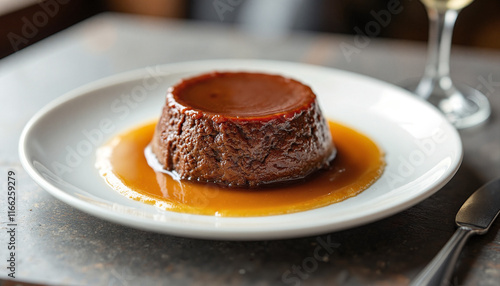 Delicious caramel flan on a white plate with a glossy sauce, evoking indulgence and elegance, symbolizing International Tapas cuisine with a rustic wooden backdrop photo