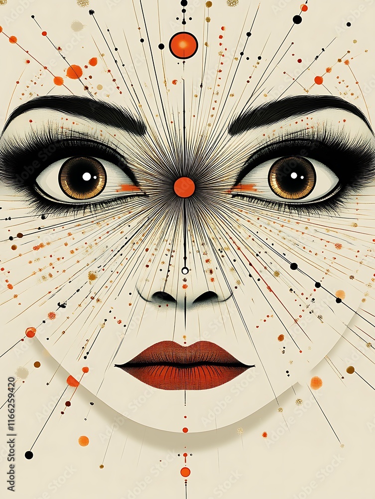Abstract Face Art Featuring Radiating Lines and Dots