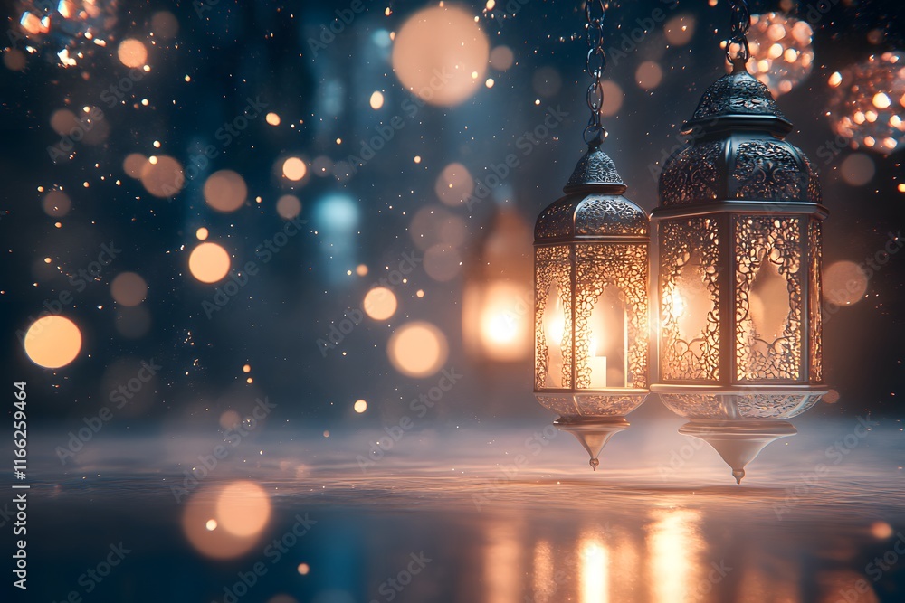 Elegant Lanterns Illuminating a Dreamy Atmosphere Under Soft Bokeh Lights in a Darkened Space, Perfect for Evoking Warmth and Mystique in Decorative Themes Elegant Lanterns Illuminating a Dreamy Atmosphere Under Soft Bokeh Lights in a Darkened Space, Perfect for Evoking Warmth and Mystique in Decorative Themes
