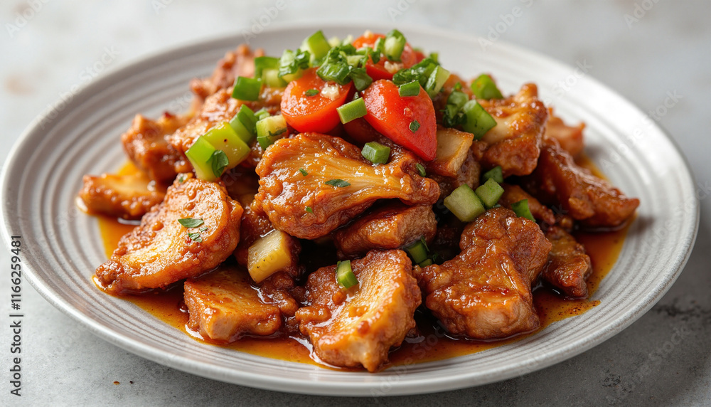 Classic Chinese Dishes featuring tender chicken pieces garnished with vibrant green onions and red tomatoes on a decorative gray plate Classic Chinese Dishes featuring tender chicken pieces garnished with vibrant green onions and red tomatoes on a decorative gray plate