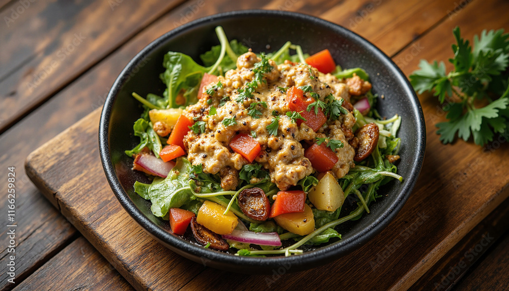 Gourmet salad bowl with colorful vegetables and grains conveying freshness and healthiness on a wooden board background Gourmet salad bowl with colorful vegetables and grains conveying freshness and healthiness on a wooden board background