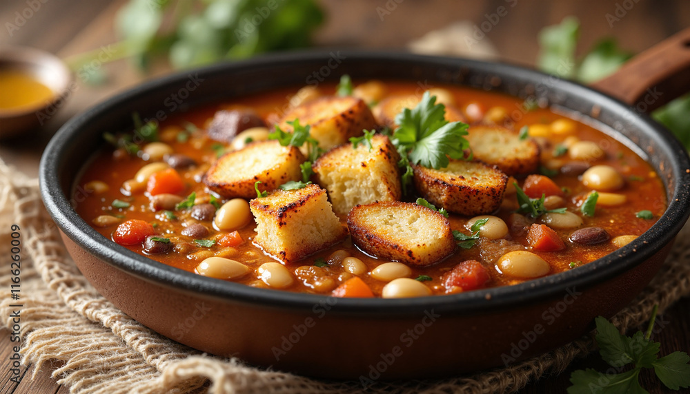 Bowl of hearty bean stew with colorful vegetables and toasted bread on top, conveying a warm and inviting atmosphere, placed on a rustic wooden table with a natural backdrop Bowl of hearty bean stew with colorful vegetables and toasted bread on top, conveying a warm and inviting atmosphere, placed on a rustic wooden table with a natural backdrop