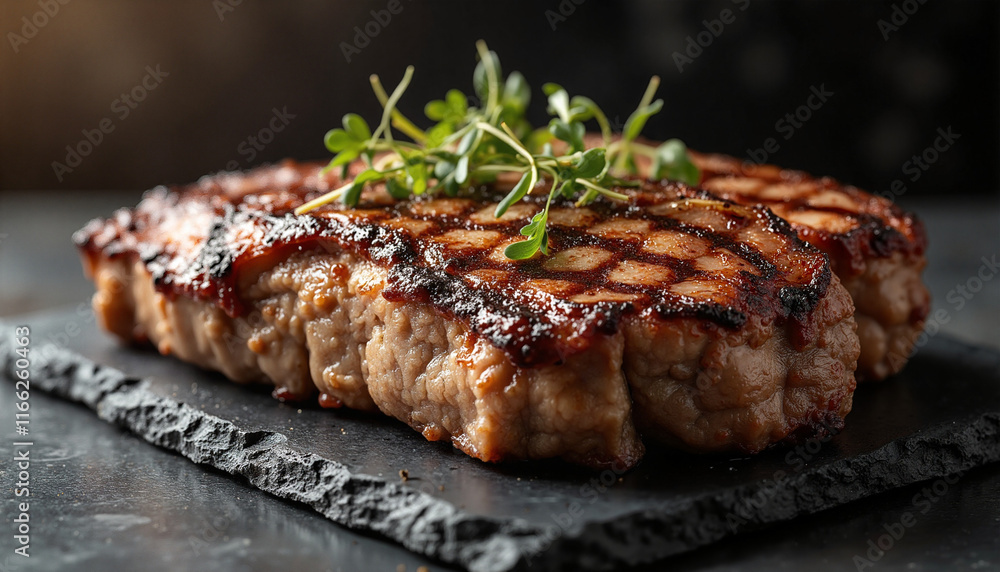 Grilled steak garnished with fresh herbs on a slate platter showcasing a Barbecue Flavor Explosion Grilled steak garnished with fresh herbs on a slate platter showcasing a Barbecue Flavor Explosion