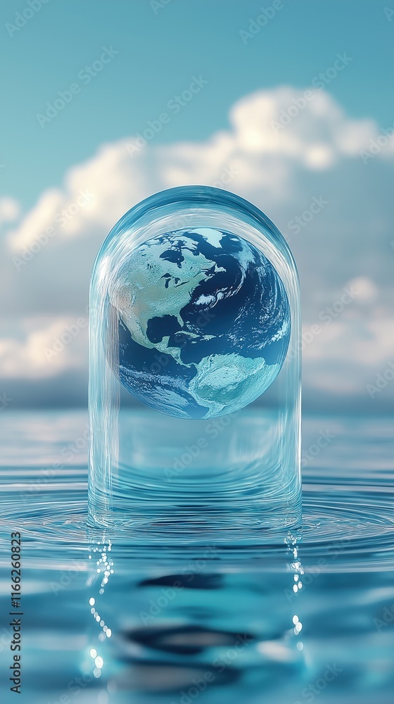 Earth globe encased in clear glass sphere. Water drips from sphere into calm blue water surface. Visualizes earth protection concept. Beautiful abstract eco design. Global water conservation theme. Earth globe encased in clear glass sphere. Water drips from sphere into calm blue water surface. Visualizes earth protection concept. Beautiful abstract eco design. Global water conservation theme.