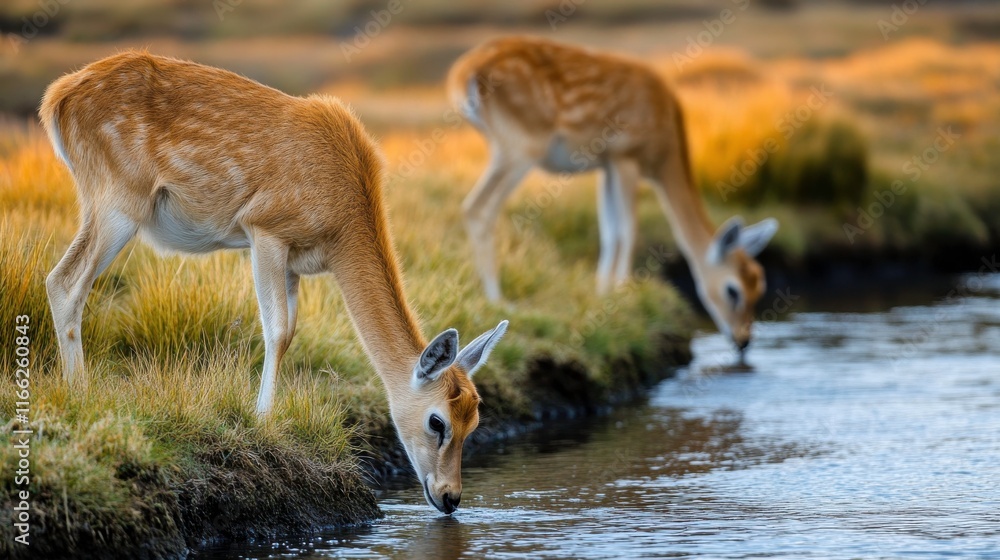 Obraz premium Animals Grazing by Watering Holes in Golden Hour Light