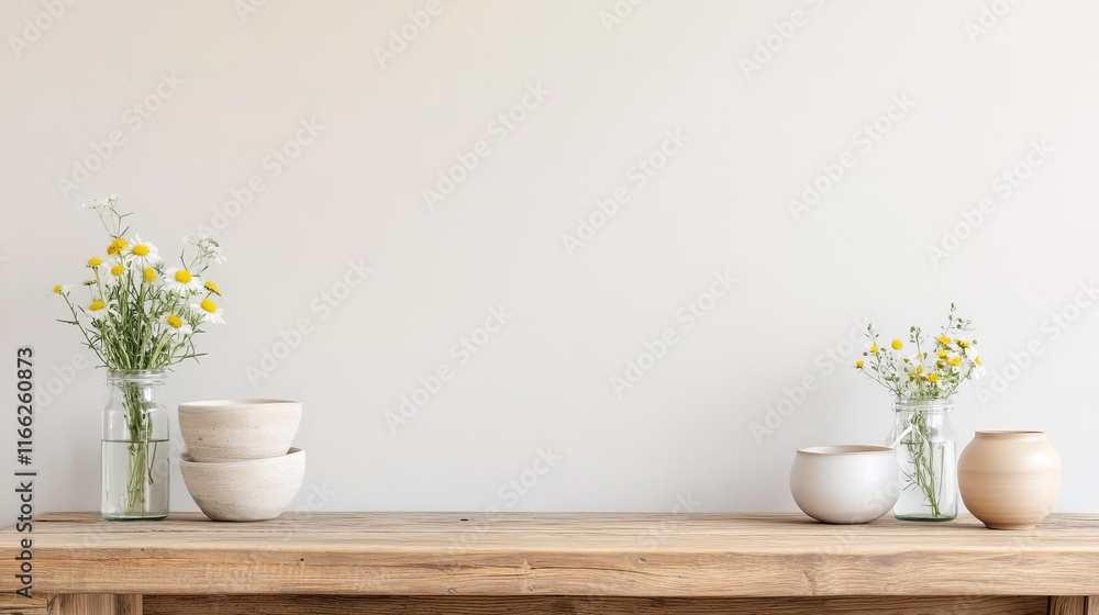 Modern rustic desk with reclaimed wood, hand-thrown pottery, and wildflowers in glass jars, minimalist desk setup, eco-conscious and natural Modern rustic desk with reclaimed wood, hand-thrown pottery, and wildflowers in glass jars, minimalist desk setup, eco-conscious and natural