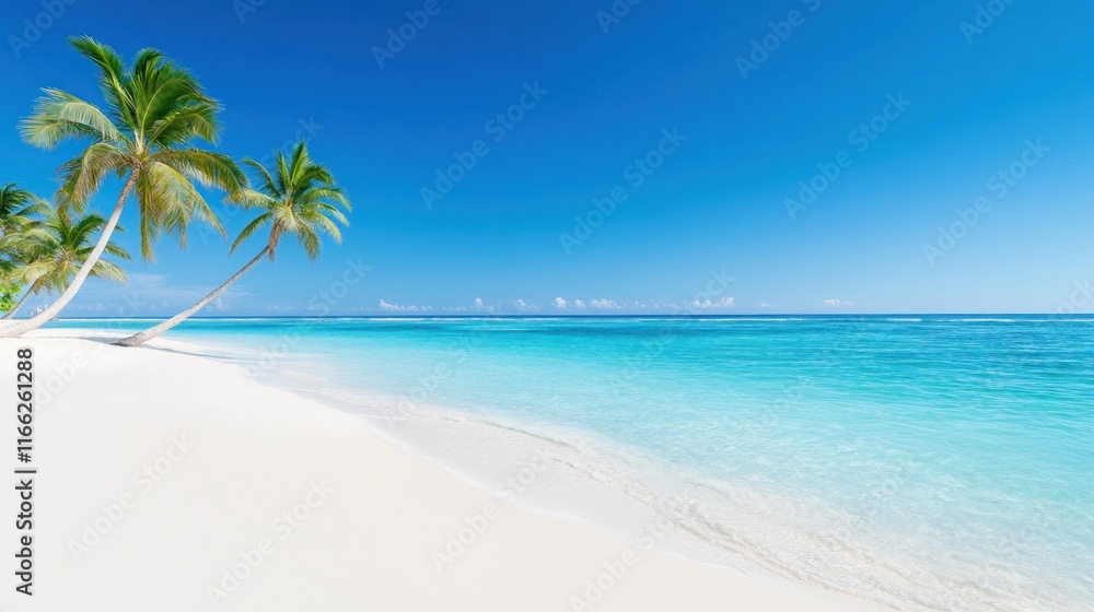 Serene tropical beach with palm trees and clear blue waters. Serene tropical beach with palm trees and clear blue waters.