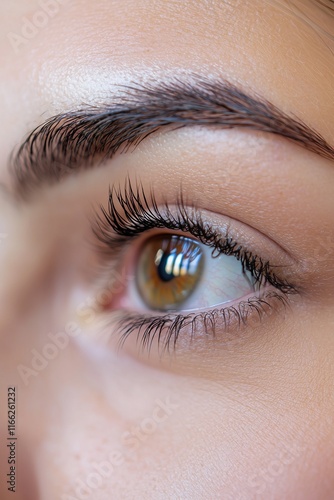 A womana eyelashes, highlighting the before-and-after results lash lifting and lamination. photo