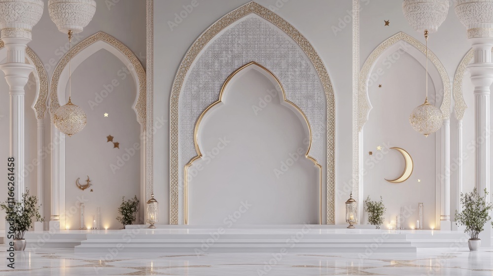 Fototapeta premium Elegant Islamic Architecture Interior Design: Ramadan Festive White Mosque Setting