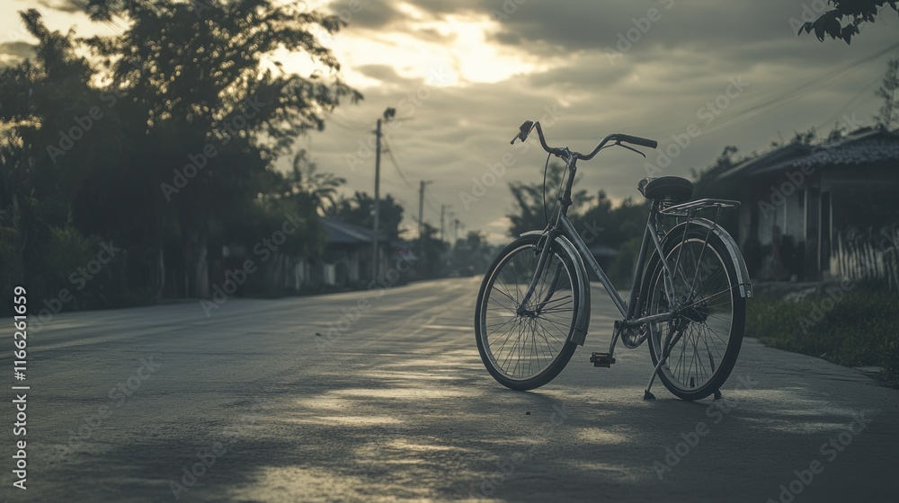 A solitary bicycle rests on a quiet road under a moody sky at sunset. A solitary bicycle rests on a quiet road under a moody sky at sunset.