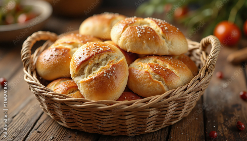 Bountiful Thanksgiving Feast with freshly baked golden rolls topped with sesame seeds radiating warmth and comfort displayed in a rustic woven basket on a wooden table Bountiful Thanksgiving Feast with freshly baked golden rolls topped with sesame seeds radiating warmth and comfort displayed in a rustic woven basket on a wooden table
