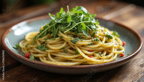 Pasta with Pesto topped with fresh greens on a rustic plate, evoking a sense of culinary delight and freshness, showcasing an inviting dish against a warm wooden background