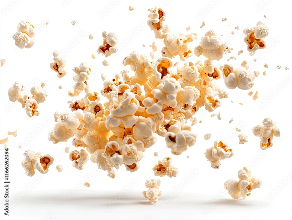 Explosive popcorn kernels floating and flying in dynamic motion captured in ultra HD against clean white background. Premium food photography for cinema and snack advertising. Explosive popcorn kernels floating and flying in dynamic motion captured in ultra HD against clean white background. Premium food photography for cinema and snack advertising.