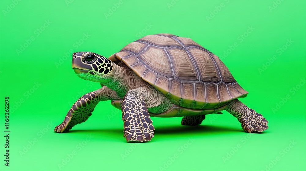 A realistic turtle model on a vibrant green background. A realistic turtle model on a vibrant green background.