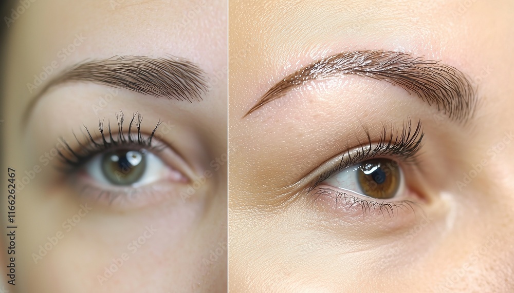 Fototapeta premium permanent eyebrow makeup before and after, illustrating the improvement through tattooing.