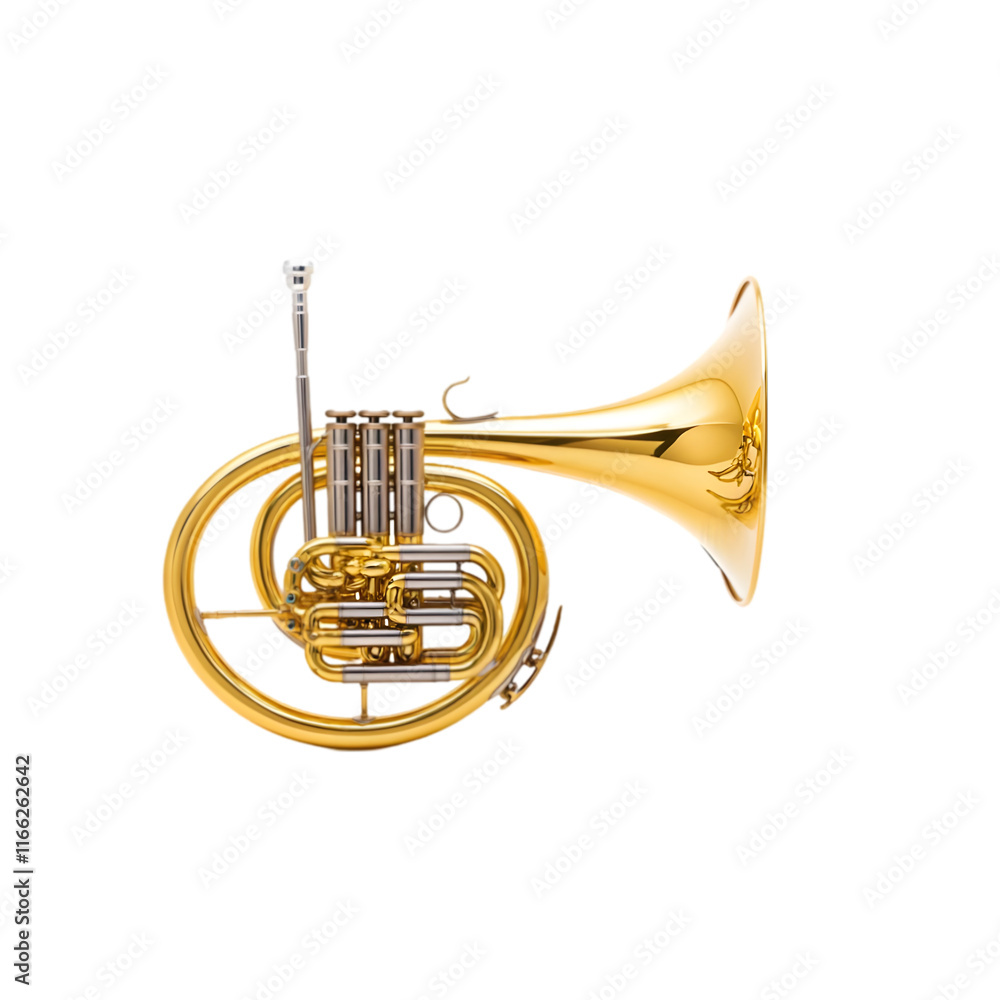 Obraz premium Golden French horn brass instrument isolated in 3D cartoon style representing classical music performance or orchestra wind instrument artistic symbol