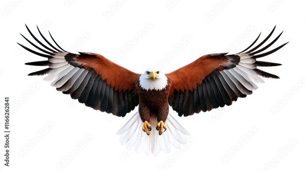 Fototapeta premium A majestic eagle with outstretched wings against a white background.
