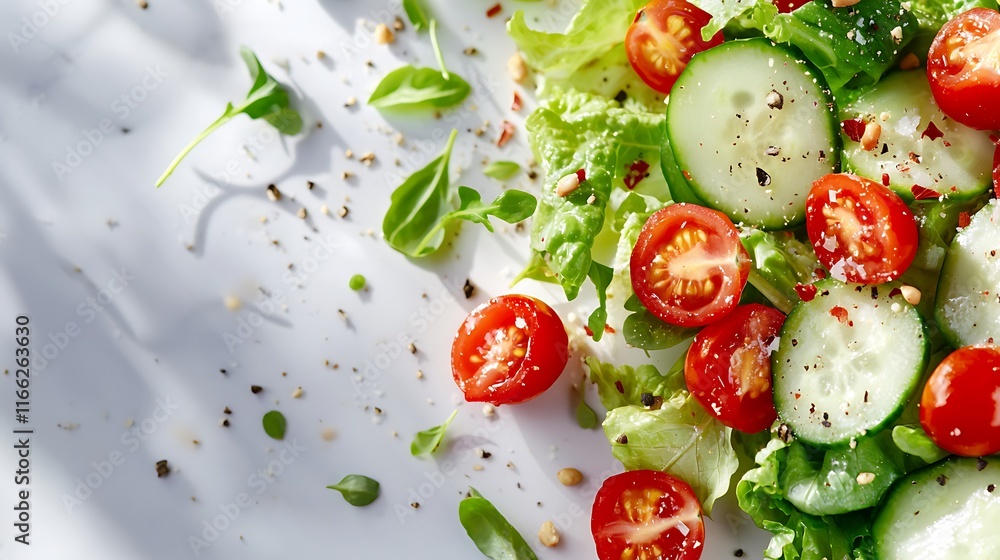 Fresh salad with tomatoes, cucumbers, lettuce, and herbs on white background. Fresh salad with tomatoes, cucumbers, lettuce, and herbs on white background.